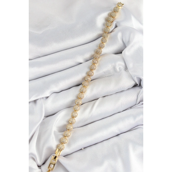 Pirinç Zirkon Taşlı Yarım Topcuk Model Gold Renk VIP Seri Kadın Bileklik - Lisinya