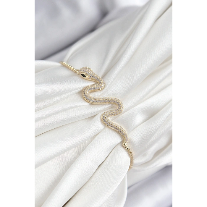 Pirinç Zirkon Taşlı Yılan Model Gold Renk Asansörlü Kadın Bileklik - Lisinya