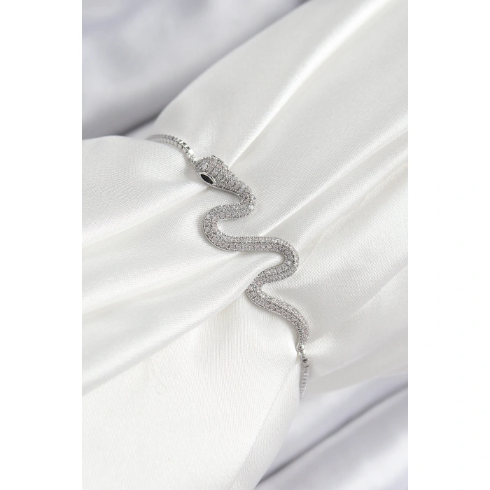 Pirinç Zirkon Taşlı Yılan Model Gümüş Renk Asansörlü Kadın Bileklik - Lisinya