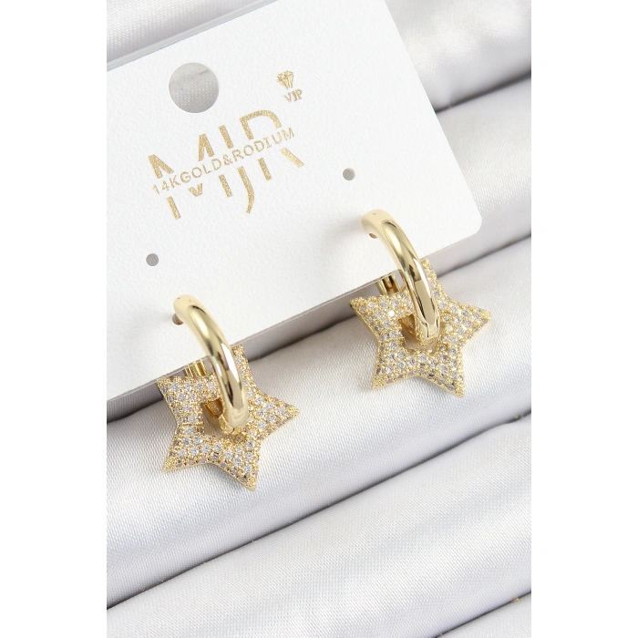 Pirinç Zirkon Taşlı Yıldız Figürlü Halka Model Gold Renk Kadın Küpe - Lisinya