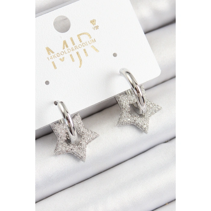 Pirinç Zirkon Taşlı Yıldız Figürlü Halka Model Gümüş Renk Kadın Küpe - Lisinya