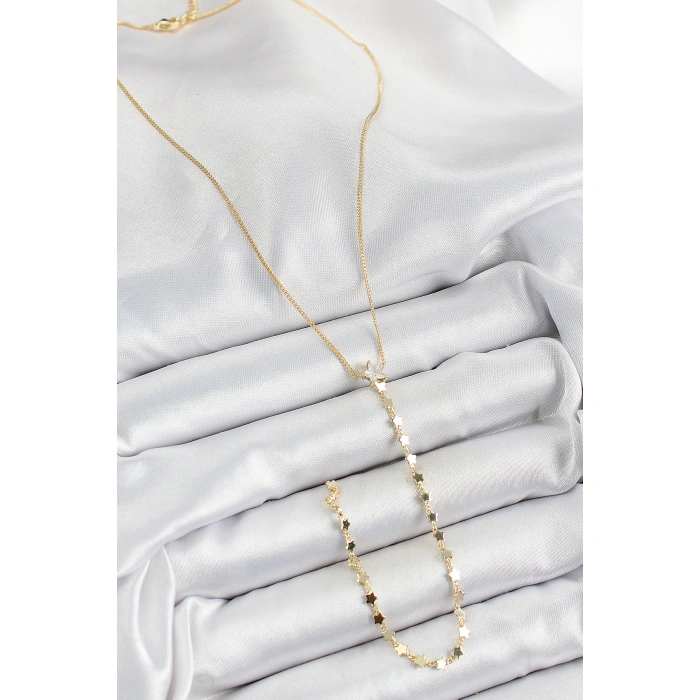 Pirinç Zirkon Taşlı Yıldız Figürlü Y Model Gold Renk Kadın Kolye - Lisinya