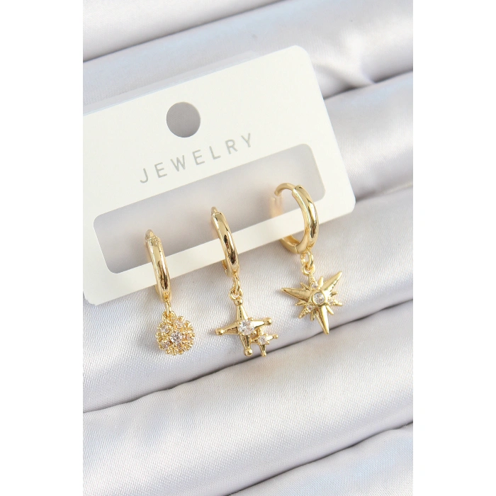 Pirinç Zirkon Taşlı Yıldız Model Gold Renk 3lü Çift Kadın Küpe Set - Lisinya