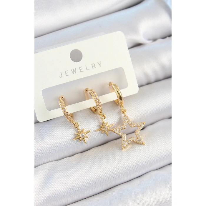 Pirinç Zirkon Taşlı Yıldız Model Gold Renk 3lü Çift Kadın Küpe Set - Lisinya