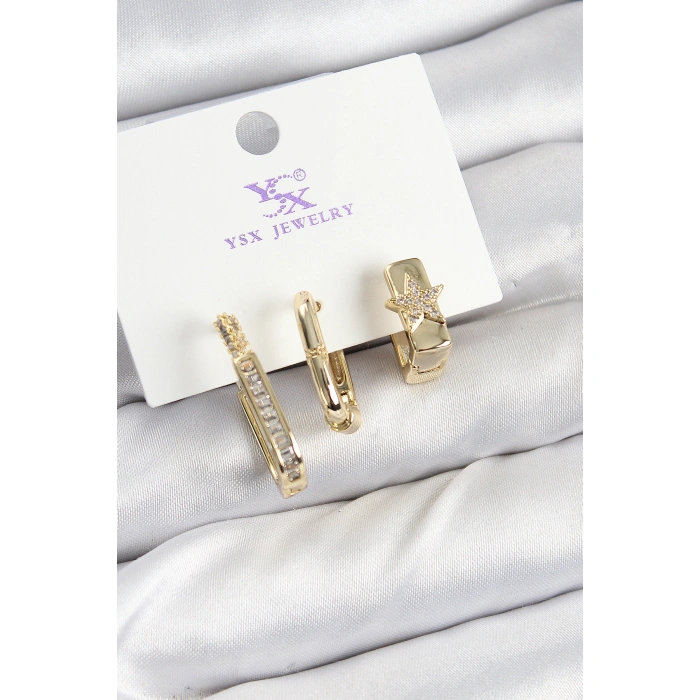 Pirinç Zİrkon Taşlı Yıldız Model Gold Renk 3lü Kadın Küpe - Lisinya