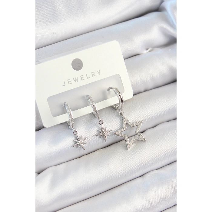 Pirinç Zirkon Taşlı Yıldız Model Gümüş Renk 3lü Çift Kadın Küpe Set - Lisinya