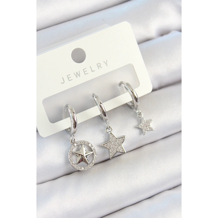Pirinç Zirkon Taşlı Yıldız Model Gümüş Renk 3lü Çift Kadın Küpe Set - Lisinya