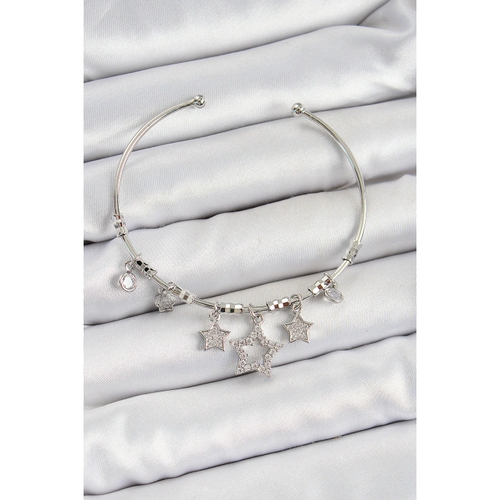 Pirinç Zirkon Taşlı Yıldız Model Gümüş Renk Charm Bileklik - Lisinya