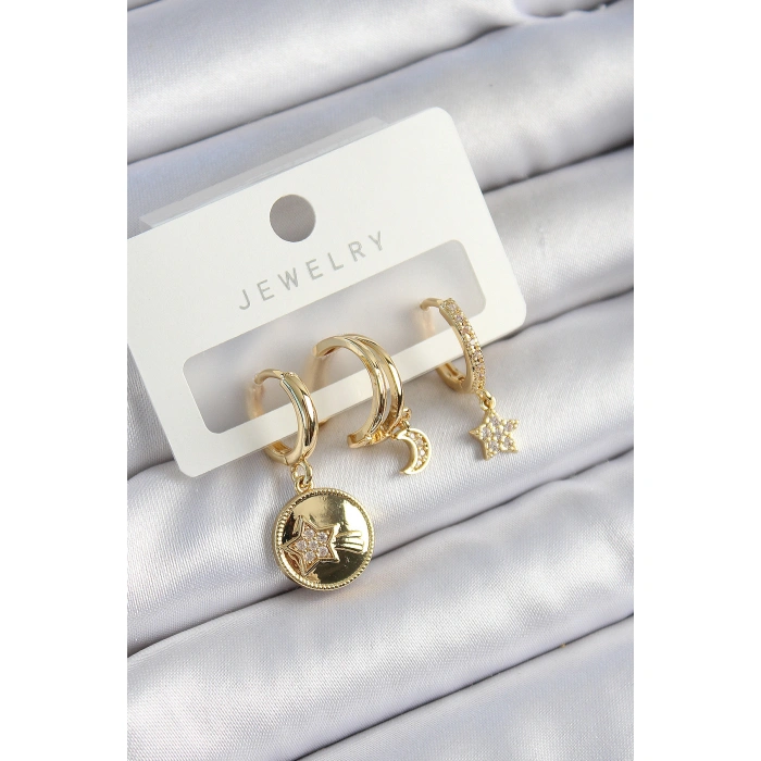Pirinç Zirkon Taşlı Yıldız Ve Ay Model Gold Renk 3lü Çift Kadın Küpe Set - Lisinya