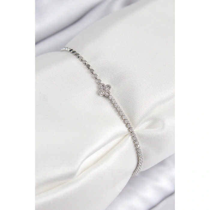 Pirinç Zirkon Taşlı Yonca Model Ezme Zincir Gümüş Renk Kadın Bileklik - Lisinya