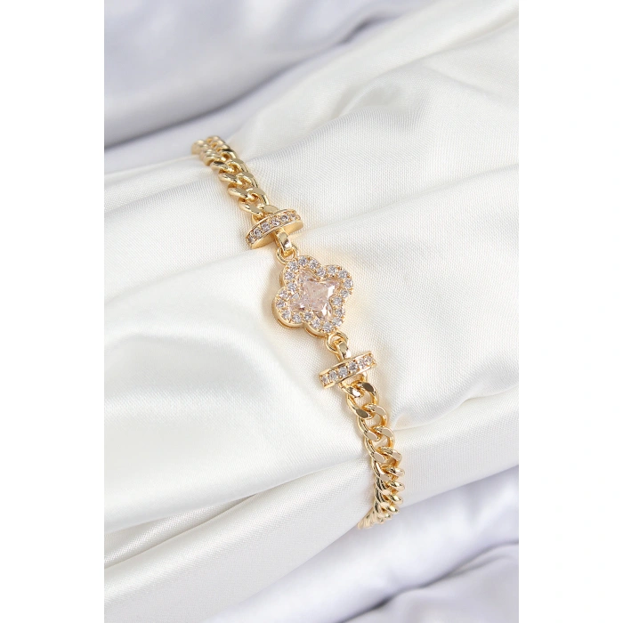 Pirinç Zirkon Taşlı Yonca Model Gold Renk Kadın Bileklik - Lisinya