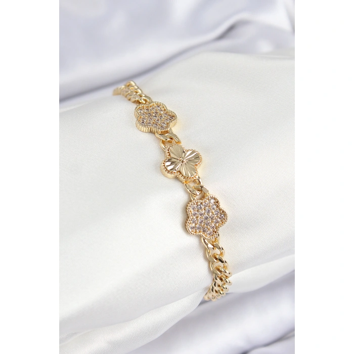 Pirinç Zirkon Taşlı Yonca Model Gold Renk Kadın Bileklik - Lisinya