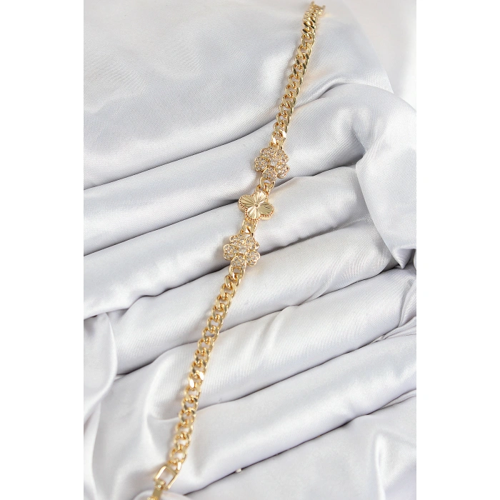 Pirinç Zirkon Taşlı Yonca Model Gold Renk Kadın Bileklik - Lisinya