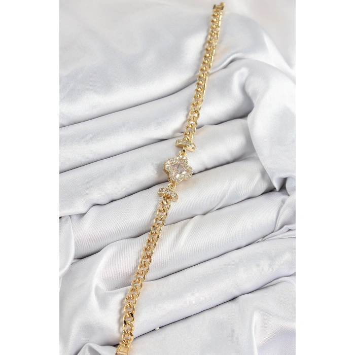 Pirinç Zirkon Taşlı Yonca Model Gold Renk Kadın Bileklik - Lisinya