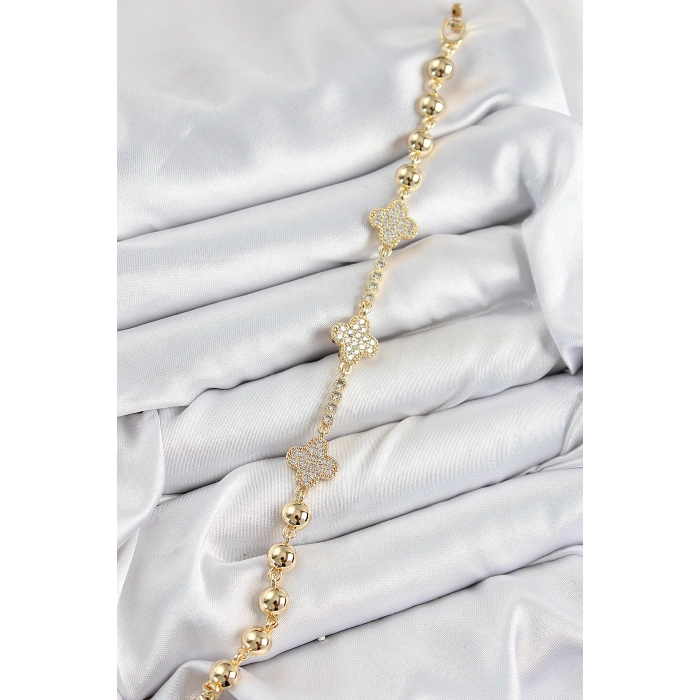 Pirinç Zirkon Taşlı Yonca Model Gold Renk Kadın Bileklik - Lisinya