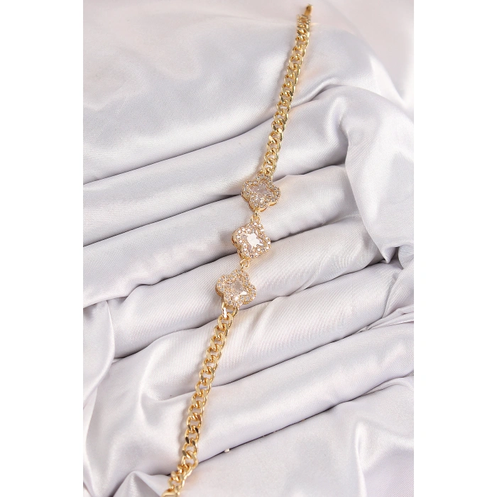 Pirinç Zirkon Taşlı Yonca Model Gold Renk Kadın Bileklik - Lisinya