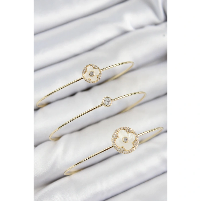 Pirinç Zirkon Taşlı Yonca Model Gold Renk Vip 3lü Kadın Bileklik - Lisinya