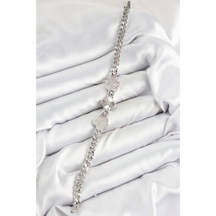 Pirinç Zirkon Taşlı Yonca Model Gümüş Renk Kadın Bileklik - Lisinya