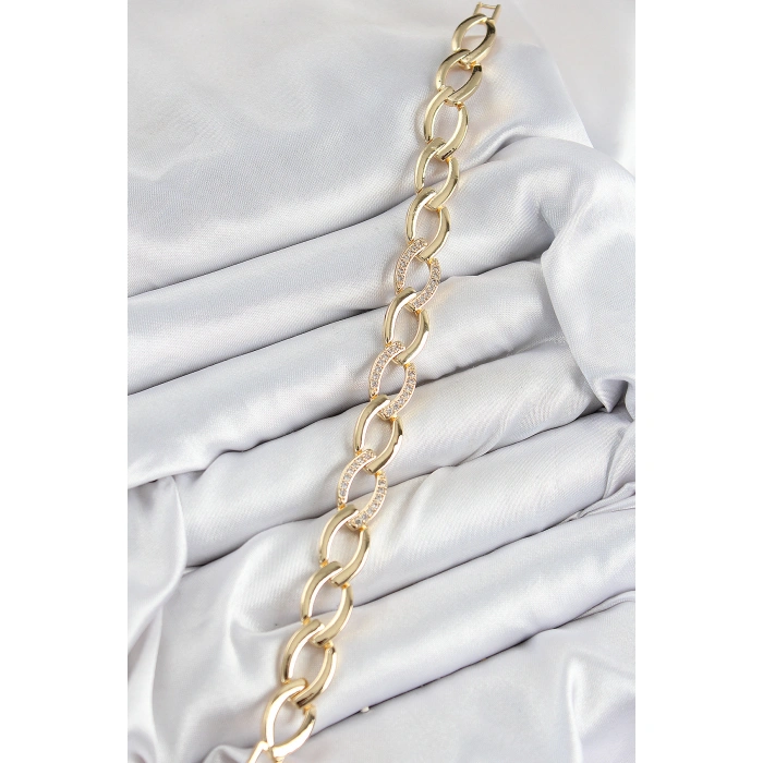 Pirinç Zirkon Taşlı Zincir Model Gold Renk Kadın Bileklik - Lisinya