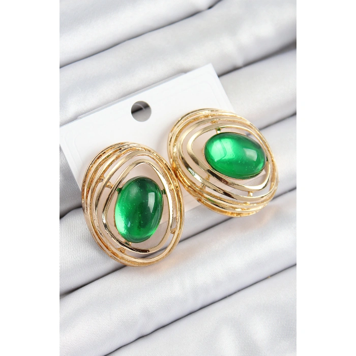 Pirinç Zümrüt Yeşili Zirkon Taşlı Oval Model Gold Renk Kadın Küpe - Lisinya