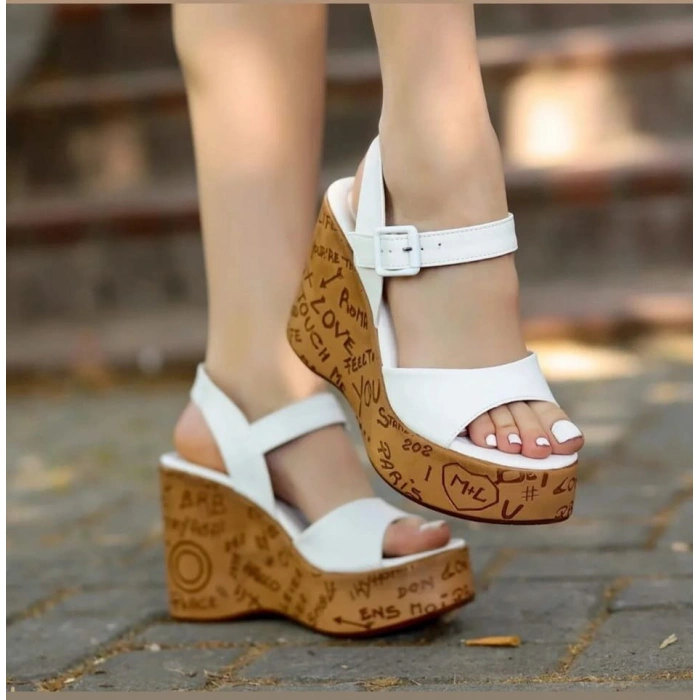 Riboy Beyaz Cilt Dolgu Topuk Sandalet - Lisinya