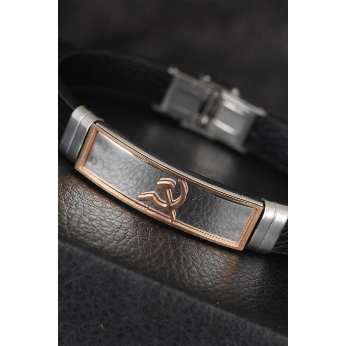 Rose Renk Orak Figürlü Metal Aksesuarlı Siyah Renk Deri Erkek Bileklik - Lisinya