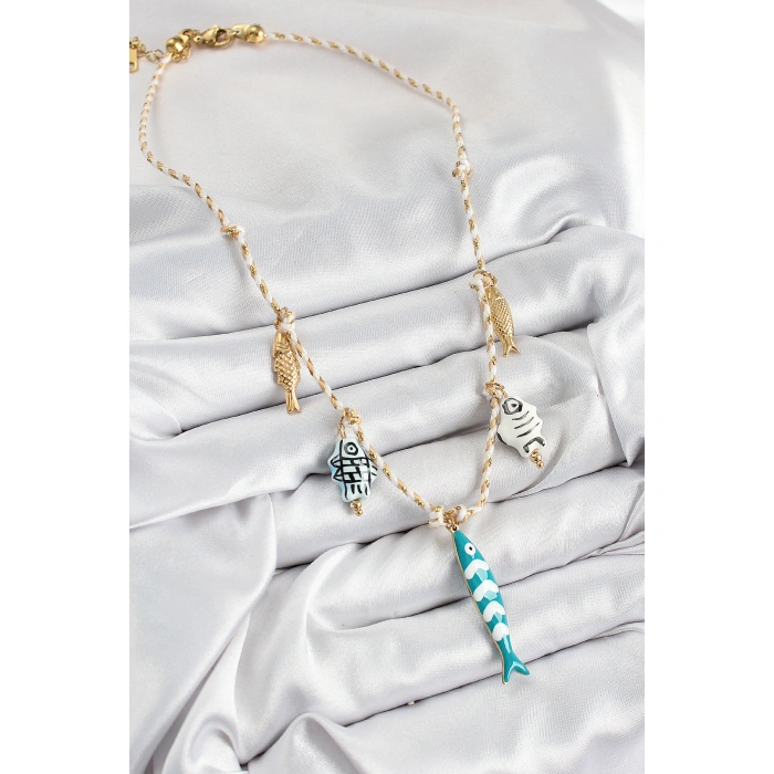 Seramik Motifli Balık Figürlü Model Krem İp Kadın Kolye - Lisinya