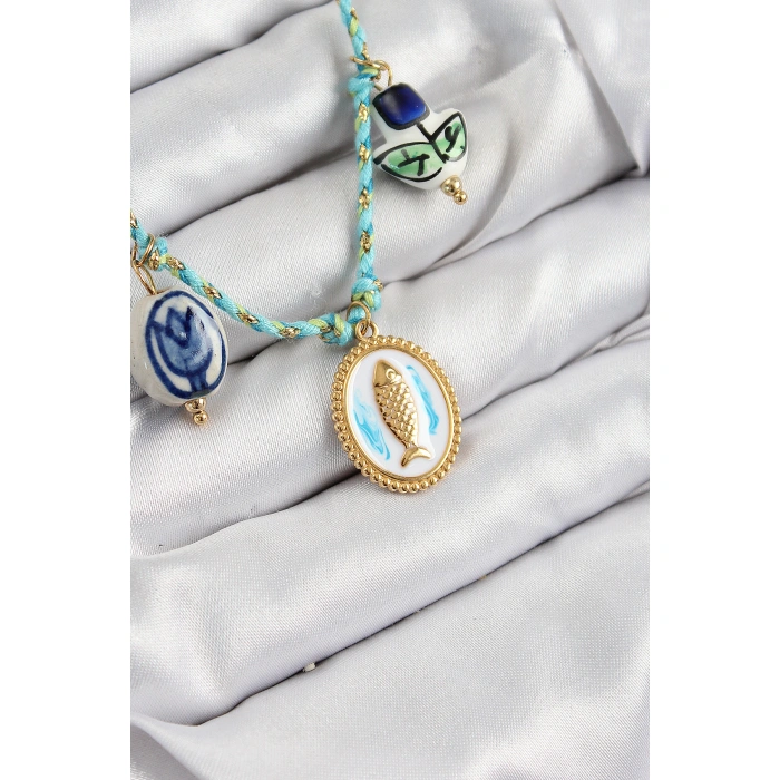 Seramik Motifli Balık Figürlü Model Mavi İp Kadın Kolye - Lisinya