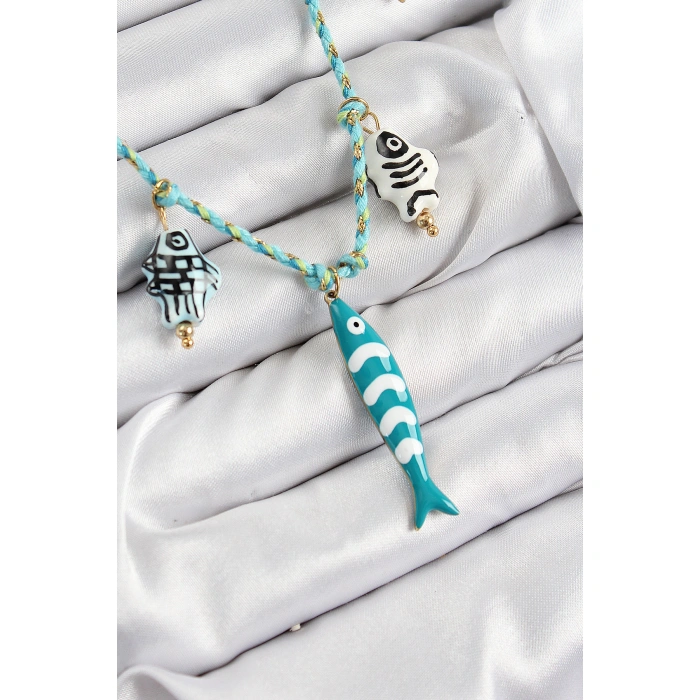 Seramik Motifli Balık Figürlü Model Mavi İp Kadın Kolye - Lisinya