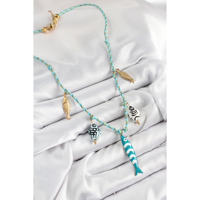 Seramik Motifli Balık Figürlü Model Mavi İp Kadın Kolye - Lisinya
