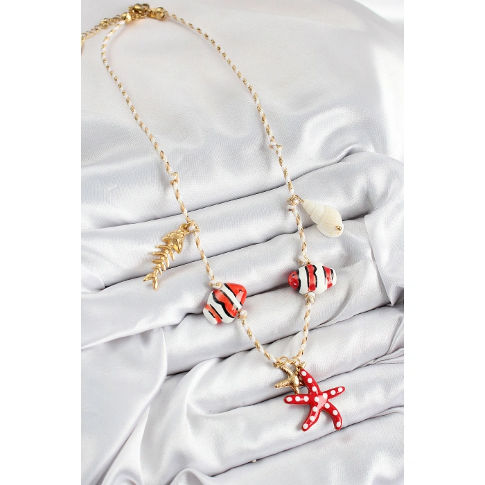 Seramik Motifli Deniz Yıldzı Figürlü Model Krem İp Kadın Kolye - Lisinya