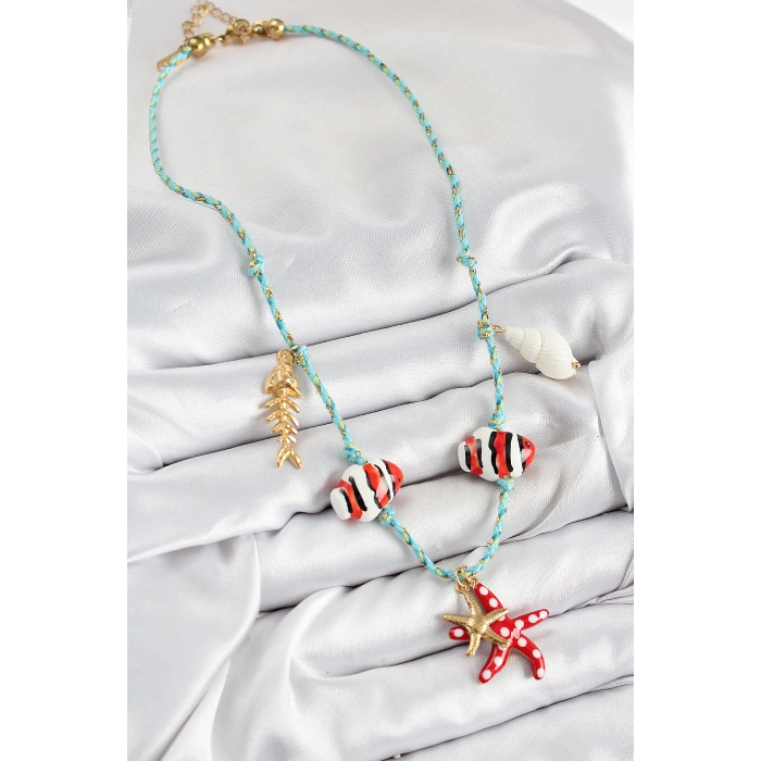 Seramik Motifli Deniz Yıldzı Figürlü Model Mavi İp Kadın Kolye - Lisinya
