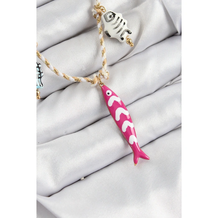 Seramik Motifli Pembe Balık Figürlü Model Krem İp Kadın Kolye - Lisinya