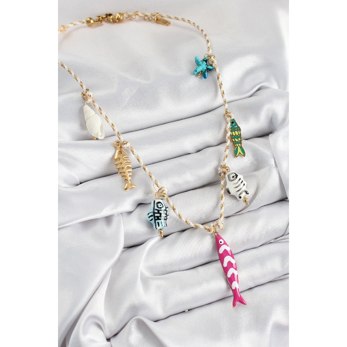 Seramik Motifli Pembe Balık Figürlü Model Krem İp Kadın Kolye - Lisinya