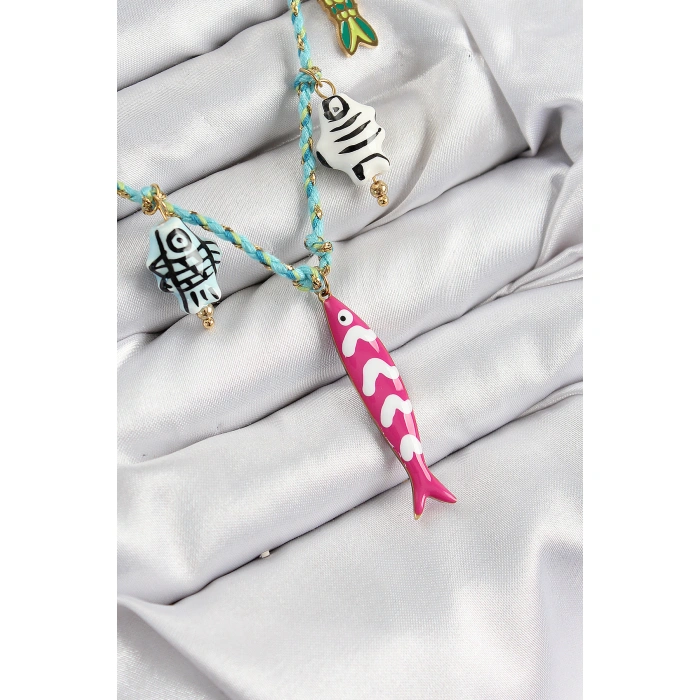 Seramik Motifli Pembe Balık Figürlü Model Mavi İp Kadın Kolye - Lisinya