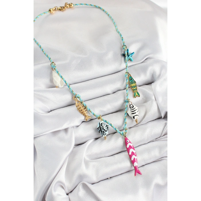 Seramik Motifli Pembe Balık Figürlü Model Mavi İp Kadın Kolye - Lisinya