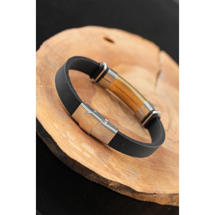 Silver Gold Renk Metal Aksesuarlı Siyah Renk Deri Erkek Bileklik - Lisinya