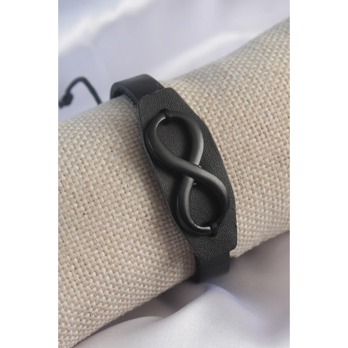 Siyah Deri Siyah Sonsuzluk İşareti İpli Erkek Bileklik - Lisinya