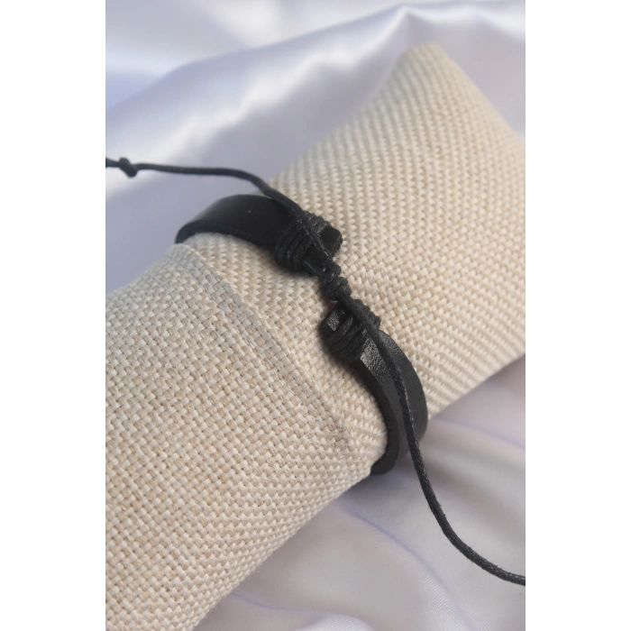 Siyah Deri Siyah Sonsuzluk İşareti İpli Erkek Bileklik - Lisinya