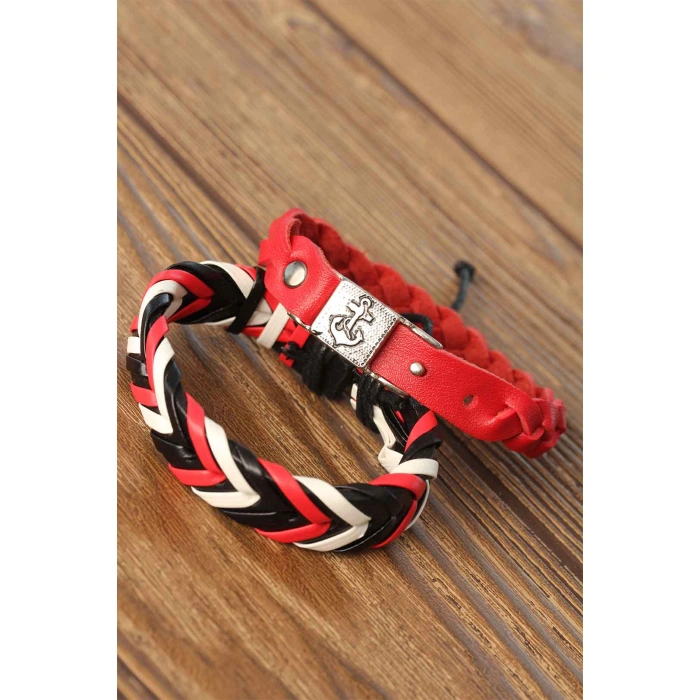 Siyah Kırmızı Renk Deri Erkek Bileklik Kombin - Lisinya