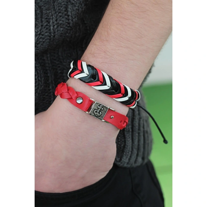 Siyah Kırmızı Renk Deri Erkek Bileklik Kombin - Lisinya