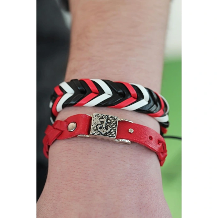Siyah Kırmızı Renk Deri Erkek Bileklik Kombin - Lisinya