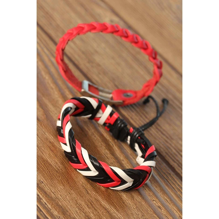 Siyah Kırmızı Renk Deri Erkek Bileklik Kombin - Lisinya