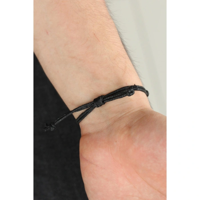Siyah Renk Deri Ayarlamlı İpli Kayı Boyu Erkek Bileklik - Lisinya