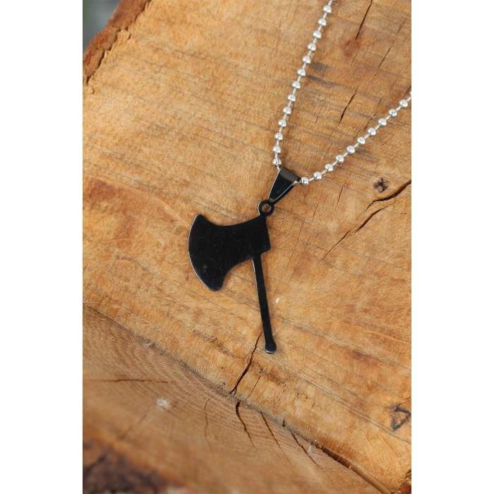 Siyah Renk Metal Balta Uçlu Top Zincirli Erkek Kolye - Lisinya