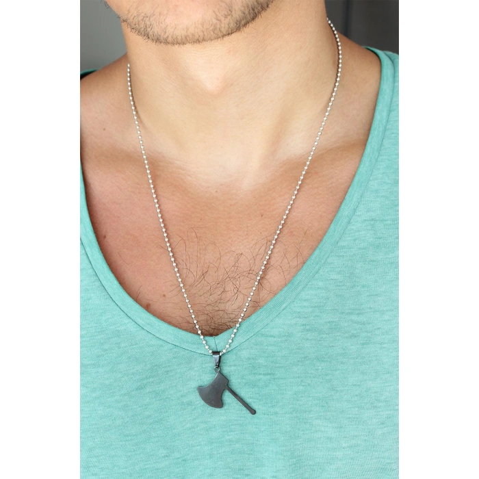 Siyah Renk Metal Balta Uçlu Top Zincirli Erkek Kolye - Lisinya