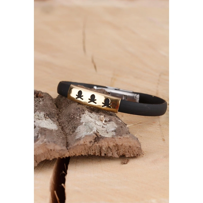 Siyah Silikon Sarı Renk Çelik Aksesuar Kuru Kafa Detaylı Erkek Bileklik - Lisinya