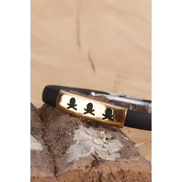 Siyah Silikon Sarı Renk Çelik Aksesuar Kuru Kafa Detaylı Erkek Bileklik - Lisinya