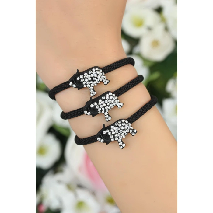Siyah  Zirkon Taşlı Fil Aksesuarlı Metal Bayan Bileklik - Lisinya