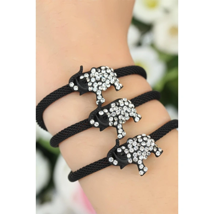 Siyah  Zirkon Taşlı Fil Aksesuarlı Metal Bayan Bileklik - Lisinya